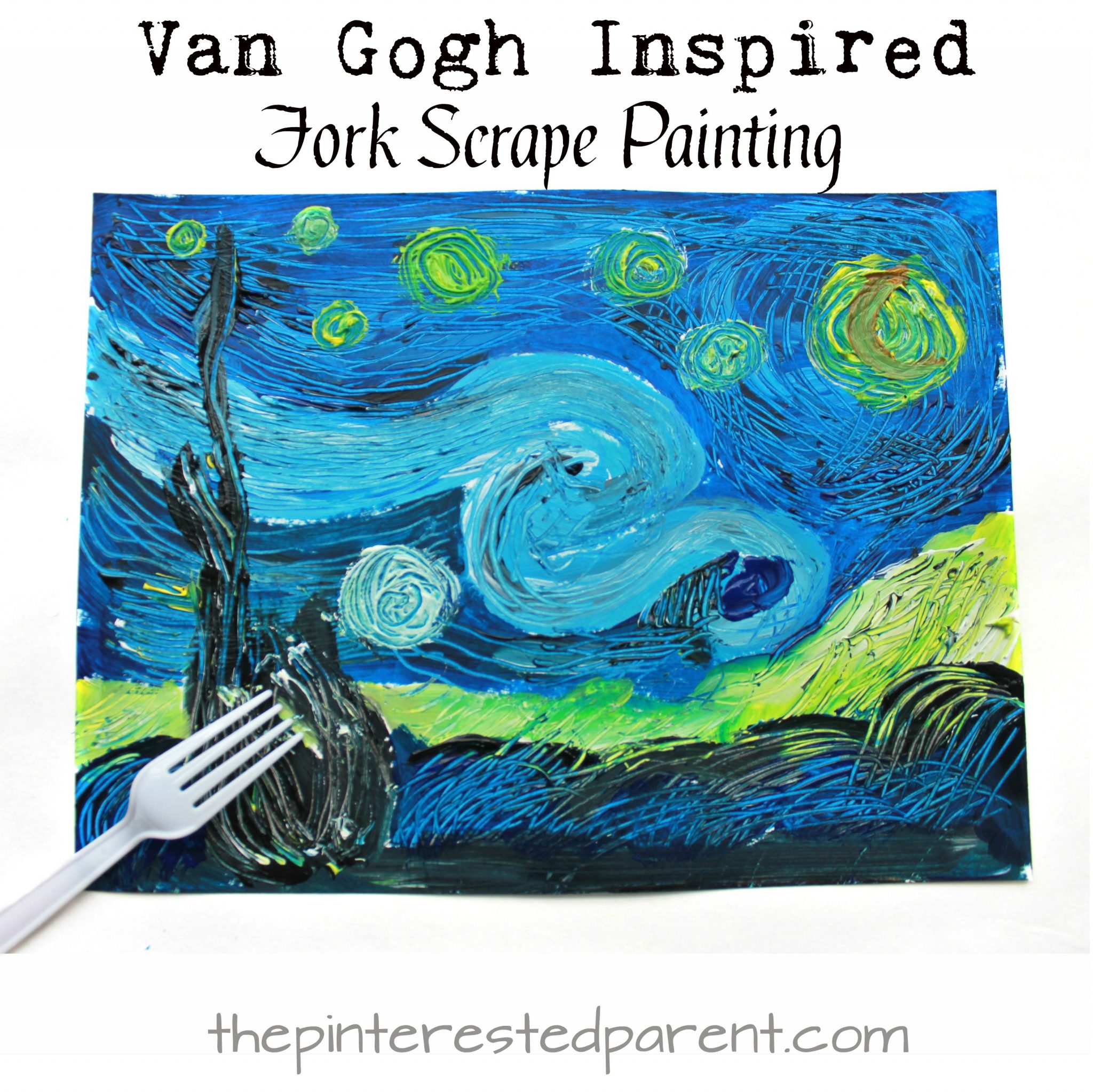 Van Gogh inspired fork scrape painted Starry Night . Art and painting projects for kids. Famous artist inspired arts and crafts