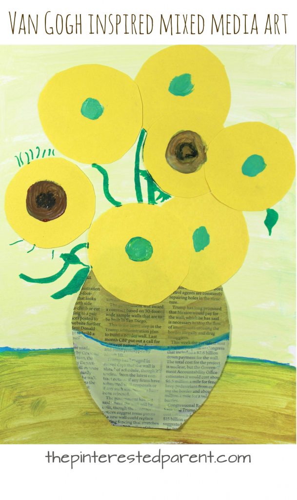 Mixed media art inspired by Van Gogh's Sunflowers. Famous artist inspired art projects. Painting, paper and newspaper