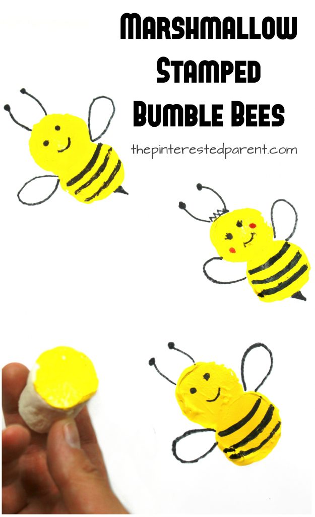 marshmallow paint stamped bumble bees - easy spring and summer arts and crafts for kids