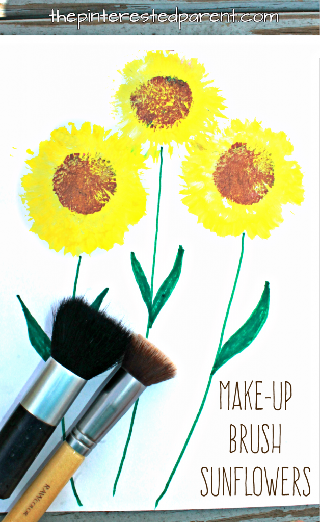 Painting sunflowers with make-up brushes. Summer and fall arts and crafts for kids.
