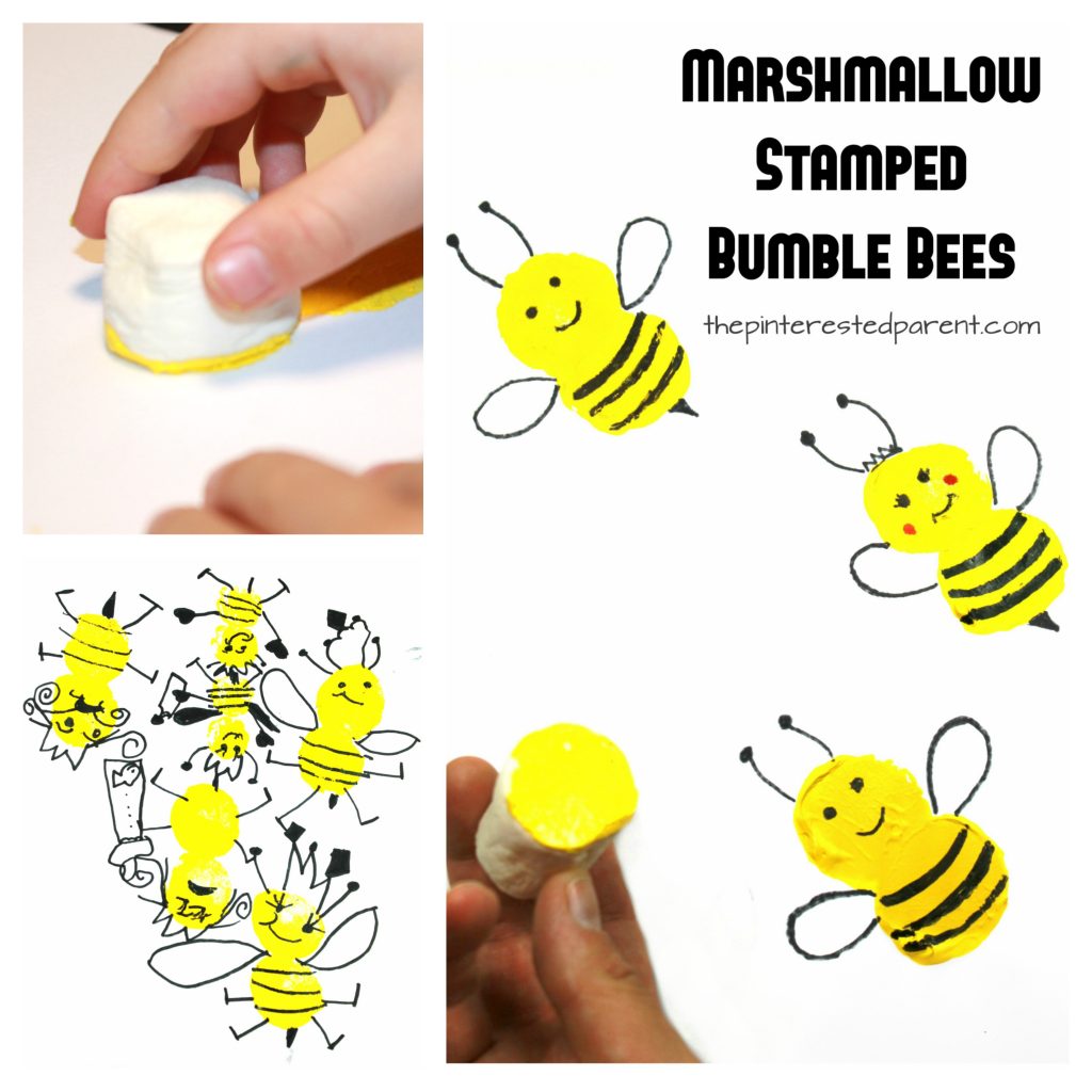 marshmallow paint stamped bumble bees - easy spring and summer arts and crafts for kids