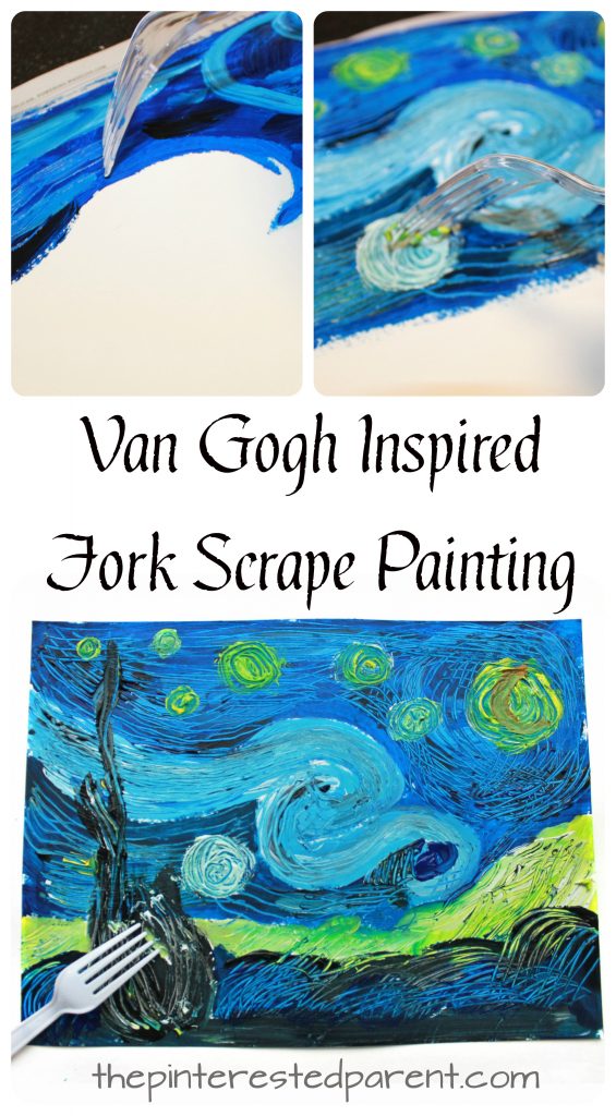 Van Gogh inspired fork scrape painted The Starry Night . Art and painting projects for kids. Famous artist inspired arts and crafts
