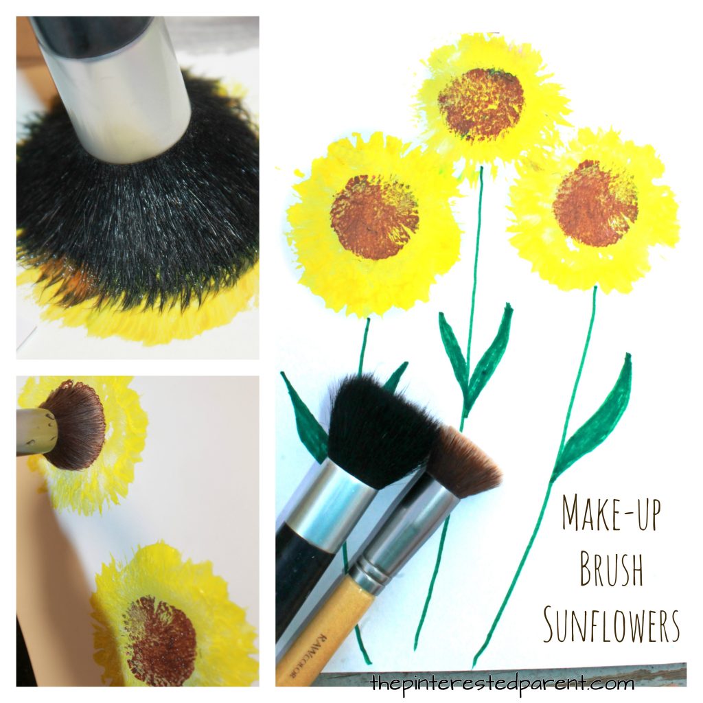 Painting sunflowers with make-up brushes. Summer and fall arts and crafts for kids.