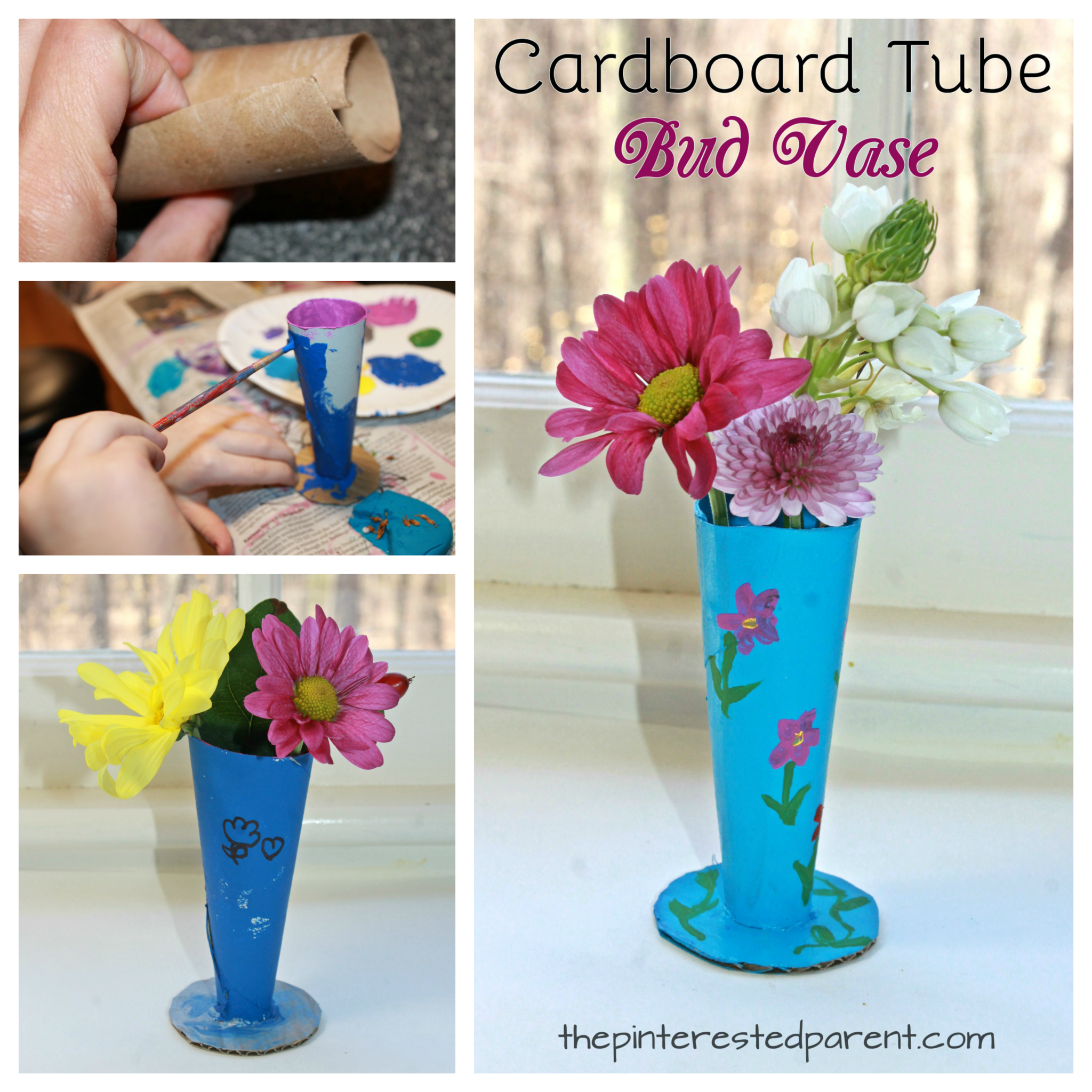 Cardboard tube flower bud vase. This is a great idea for Mother's Day or Valentine's. Recyclable arts and crafts for kids.