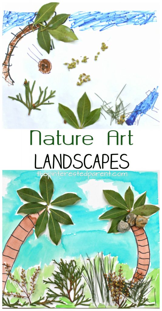 Nature art jungle landscapes. Use nature and watercolors, markers or crayons to create a fun piece of art for the kids. Arts and crafts