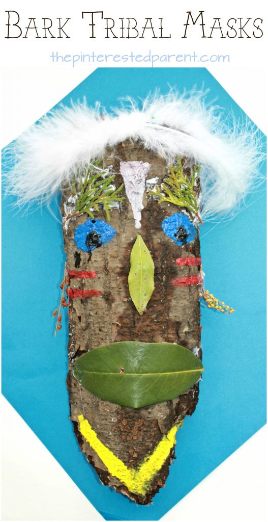 Bark tribal mask craft for kids. Painted nature arts ans crafts.
