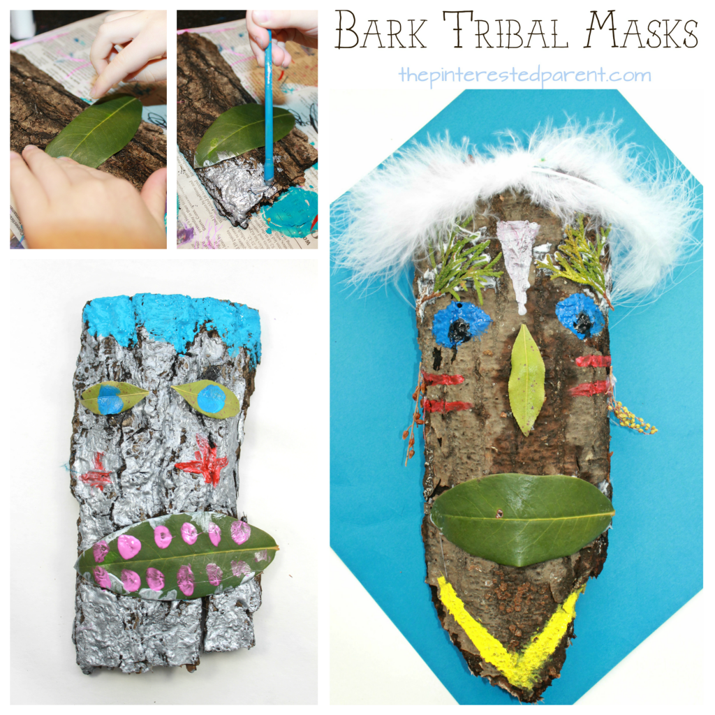 Bark tribal mask craft for kids. Painted nature arts ans crafts.