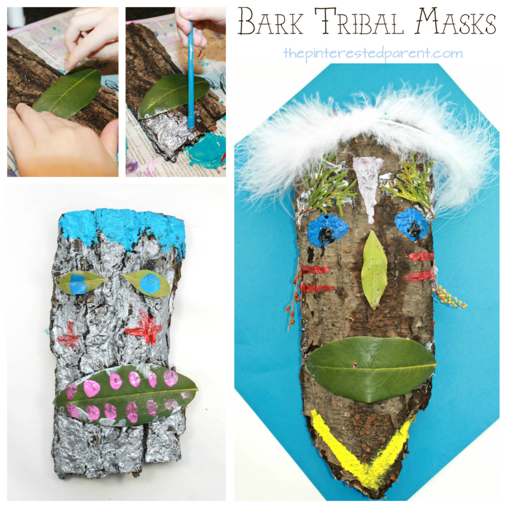 Bark tribal mask craft for kids. Painted nature arts ans crafts.