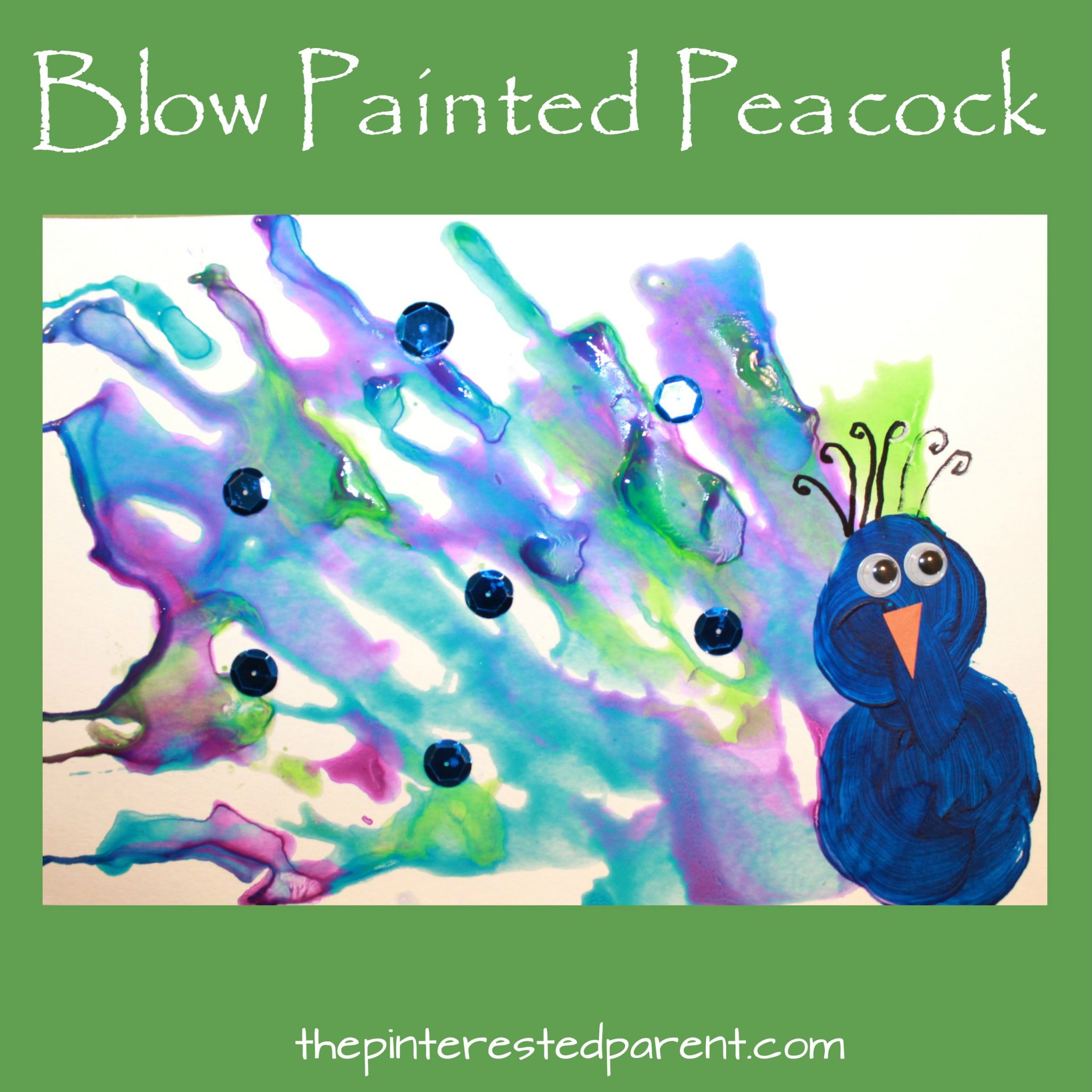 Straw Blown Peacock Painting - fun kid's arts and crafts projects. Blow painting is great for preschool and kindergarten