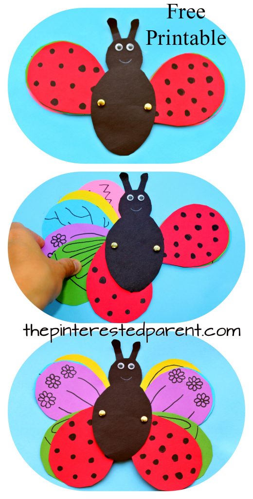 Transform a ladybug into a butterfly using a free printable template. Design the wings and transform in this fun kid's craft. Construction paper Arts and crafts for preschoolers and kids. Summer and spring insect crafts