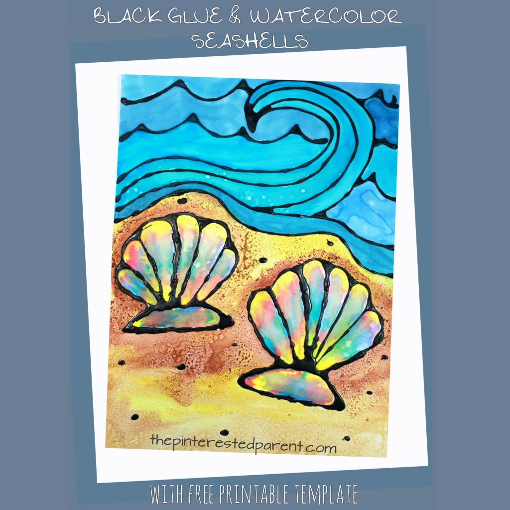 Black Glue and Watercolors is a beautiful technique with gorgeous results. Sea shell and ocean art. Summer arts and crafts for kids