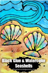 Printable Black Glue and Watercolor Seashells. Black glue is a beautiful technique with gorgeous results. Sea shell and ocean art. Summer arts and crafts for kids