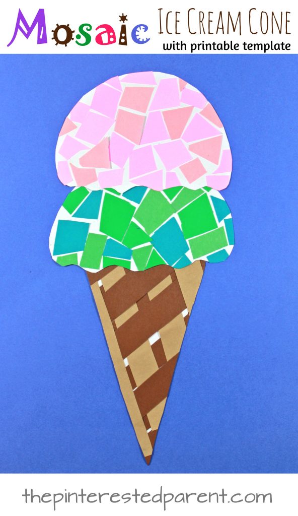 Paper mosaic ice cream cone craft with free printable template. Construction paper crafts for kids. Summer arts and crafts projects.