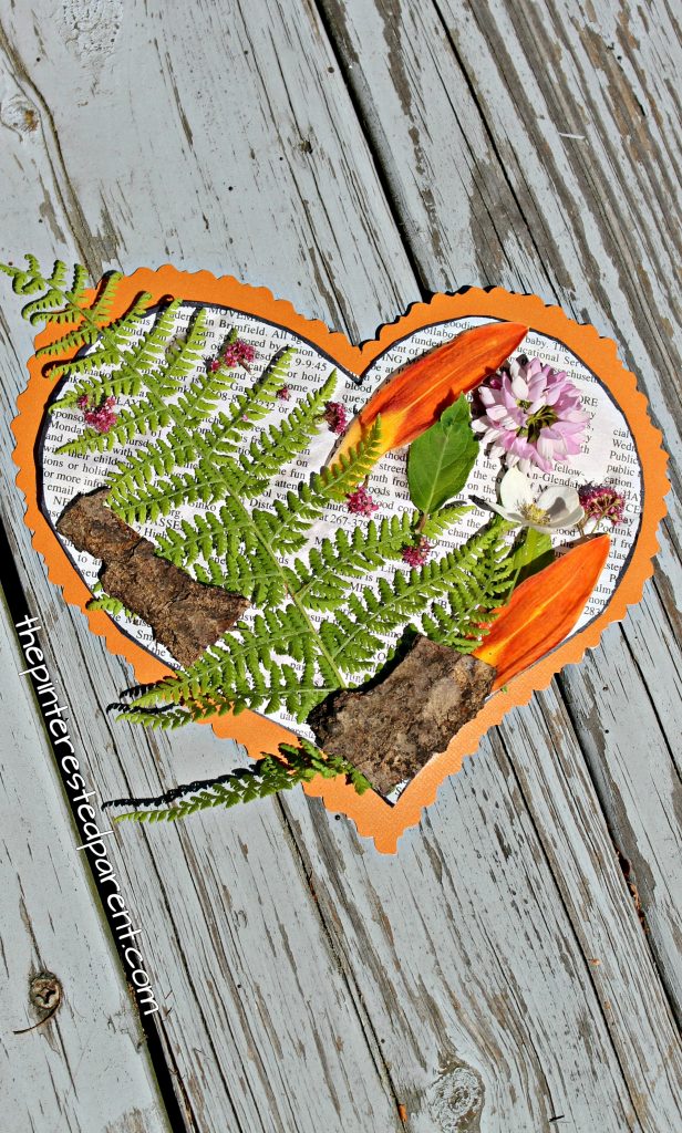 I heart nature. Nature heart art. Summer arts and crafts projects for preschoolers & kids. Use leaves, flowers, bark, twigs and sticks