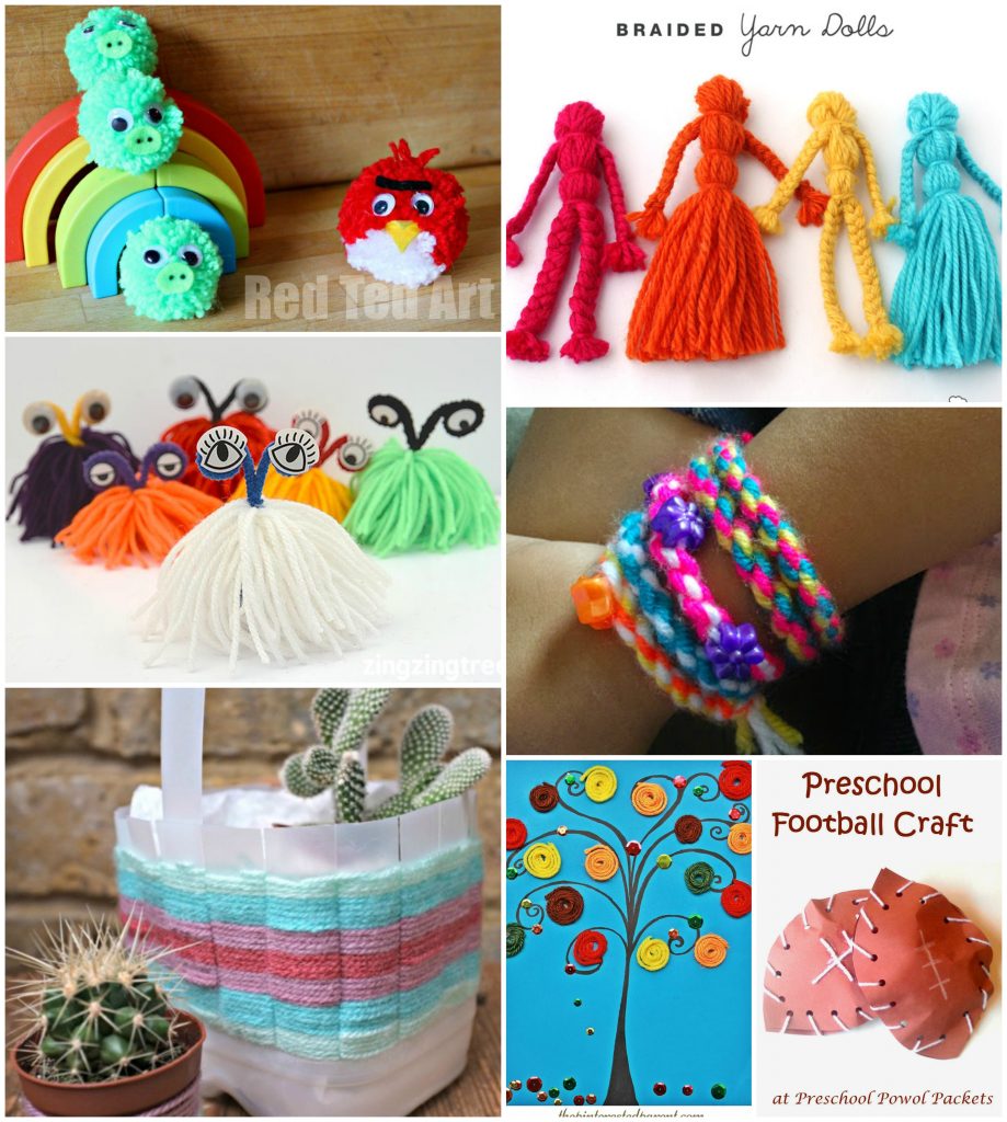 40 Fun and fantastic yarn arts, crafts and activities for kids. Process art, sewing, craft ideas and activities to build fine motor skills. Great for preschoolers to big kids