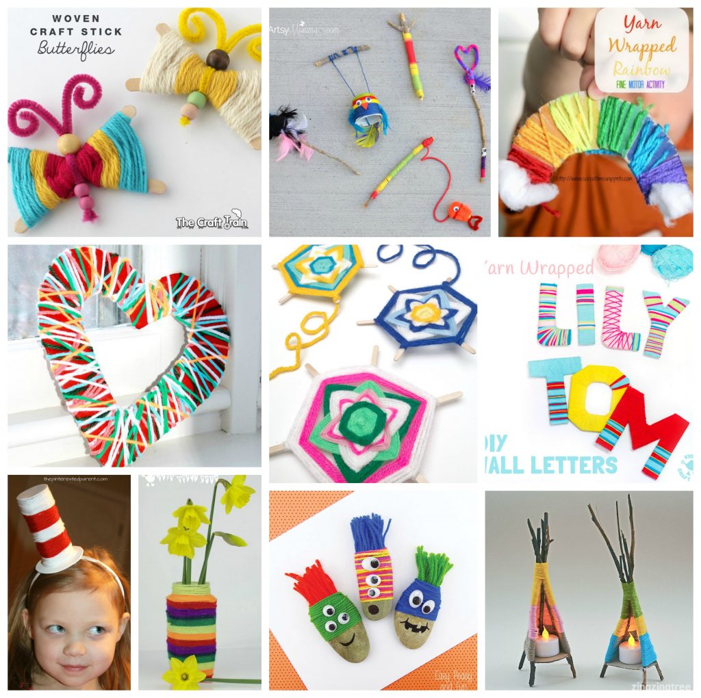 40 Fun and fantastic yarn arts, crafts and activities for kids. Process art, sewing, craft ideas and activities to build fine motor skills. Great for preschoolers to big kids