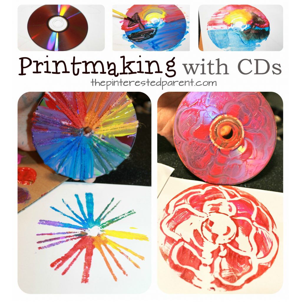 Cd printmaking techniques using paint , yarn, Q-tips and paint. Arts and craft ideas for preschoolers and kids.