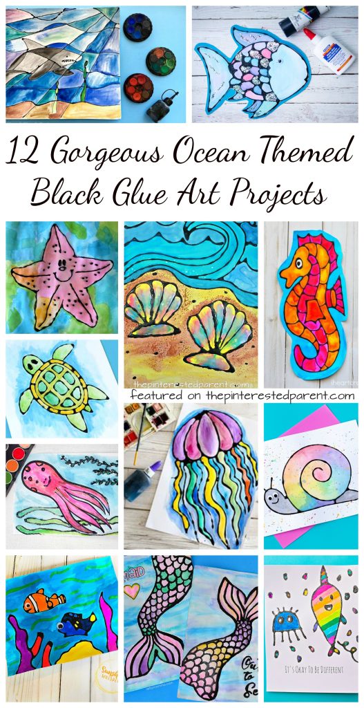 12 Gorgeous ocean themed black glue art projects. Free printables included with some. Summer arts and crafts for kids. Painting and watercolors