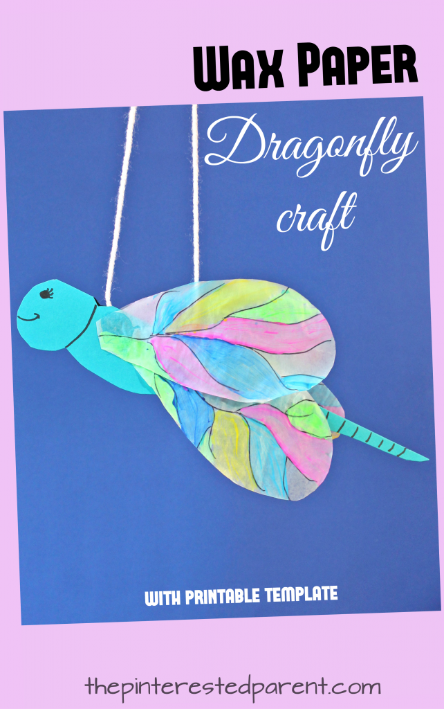 Free printable template. Hanging painted wax paper and construction paper dragonfly. Kid's arts and crafts, Insects and summer