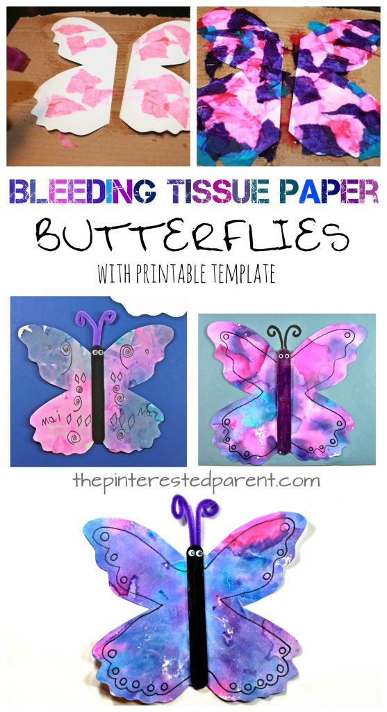 Bleeding tissue paper butterflies with a free printable template. Paint with tissue paper. Kid's spring and summer arts and crafts