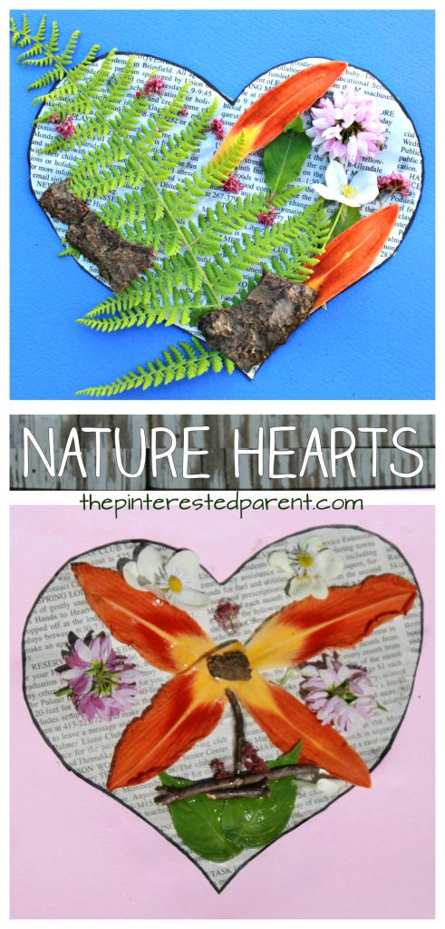 I heart nature. Nature heart art. Summer arts and crafts projects for preschoolers & kids. Use leaves, flowers, bark, twigs and sticks