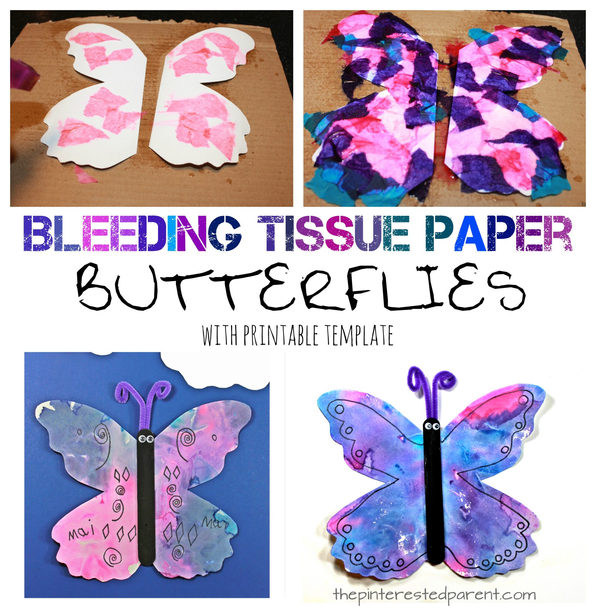 Bleeding tissue paper painted butterflies with a free printable template. Kid's spring and summer arts and crafts