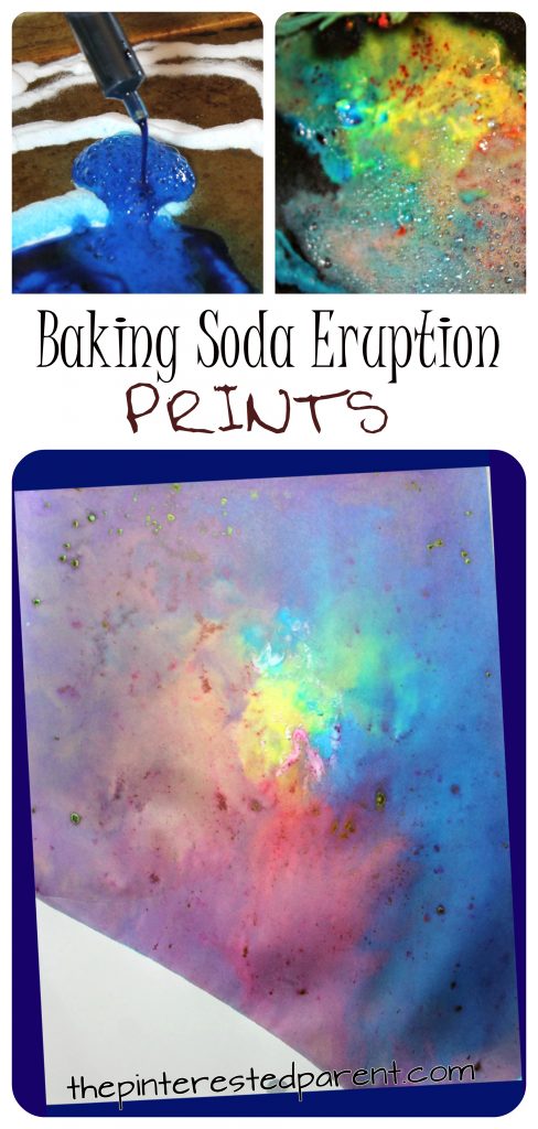 Vinegar and baking soda eruption prints - science and art combine for this pretty process art. Messy painting, arts and crafts for kids