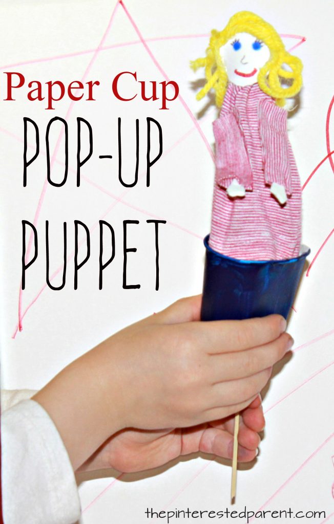 Paper cup pop-up puppet craft. Arts and craft for kids. Pretend and imagination play - Dixie cup craft
