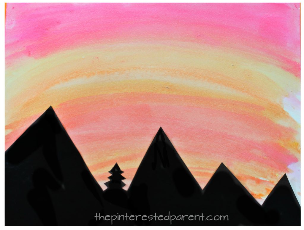 Watercolor silhouette landscape paintings for toddlers, preschoolers and kids with free printable templates - cactus, mountains, sailboat scenes. Kid's arts and crafts