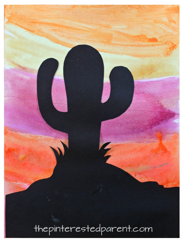 Watercolor silhouette landscape paintings for kids with free printable templates - cactus, mountains, sailboat sunset scenes. Kid's arts and crafts