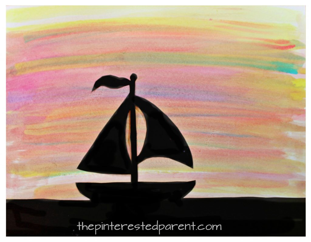 Watercolor silhouette landscape paintings for toddlers, preschoolers and kids with free printable templates - cactus, mountains, sailboat scenes. Kid's arts and crafts
