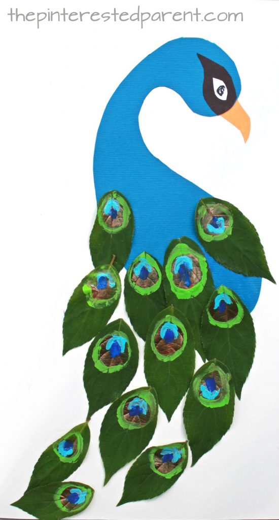 leaf peacock nature craft with printable template - kids arts and crafts projects made with painted leaves