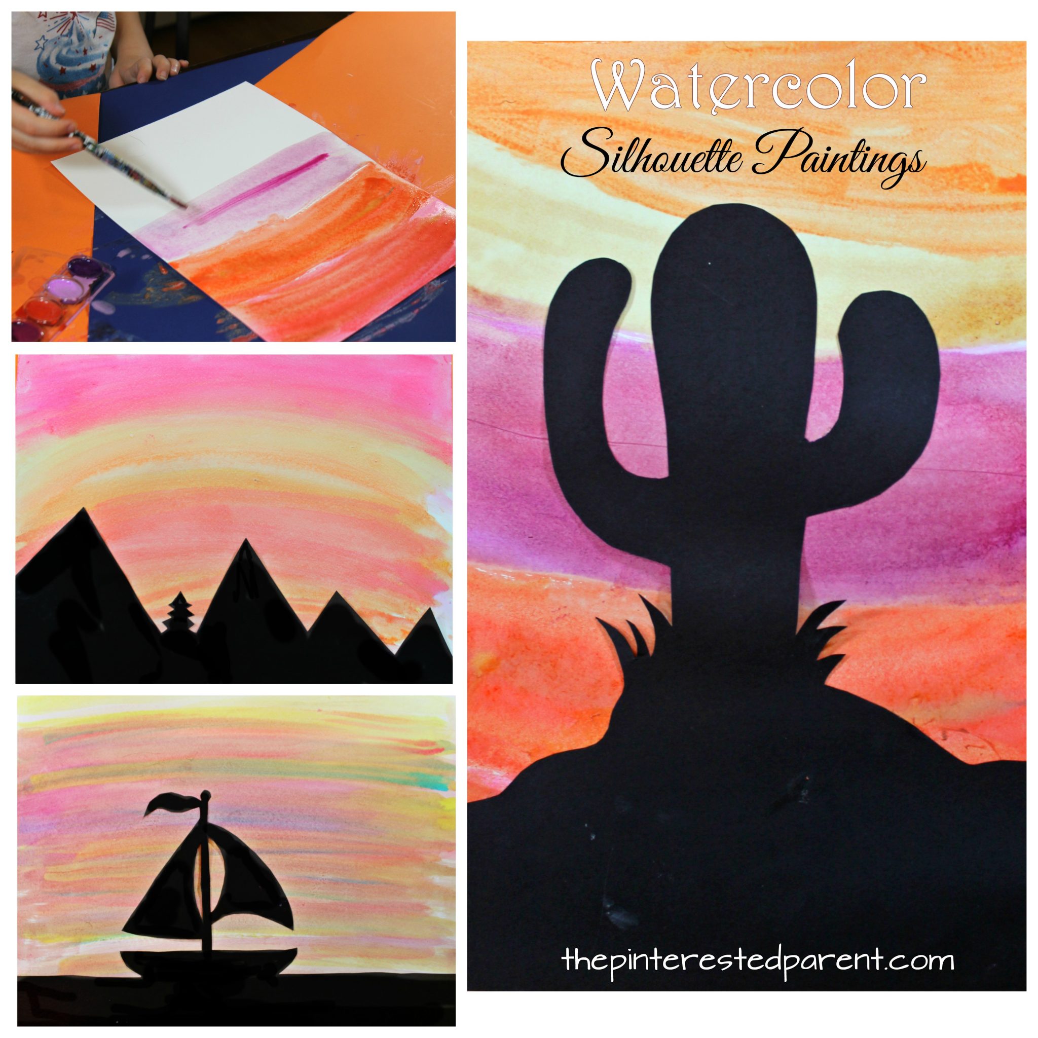 Watercolor silhouette landscape paintings for kids with free printable templates - cactus, mountains, sailboat sunset scenes. Kid's arts and crafts