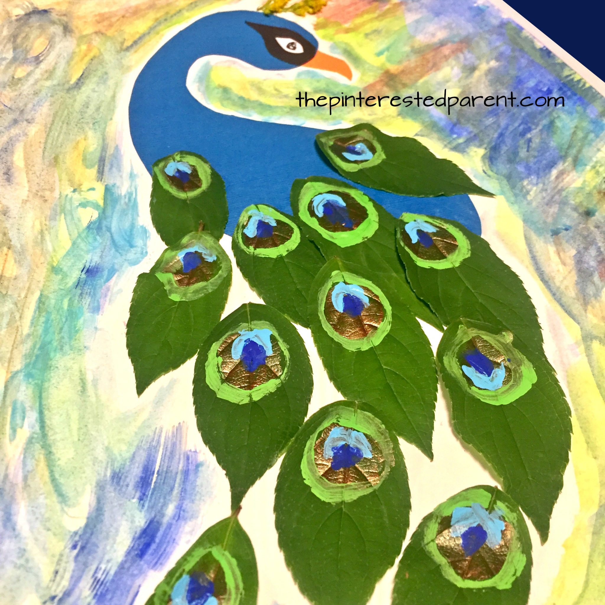leaf peacock nature craft - kids arts and crafts projects made with painted leaves