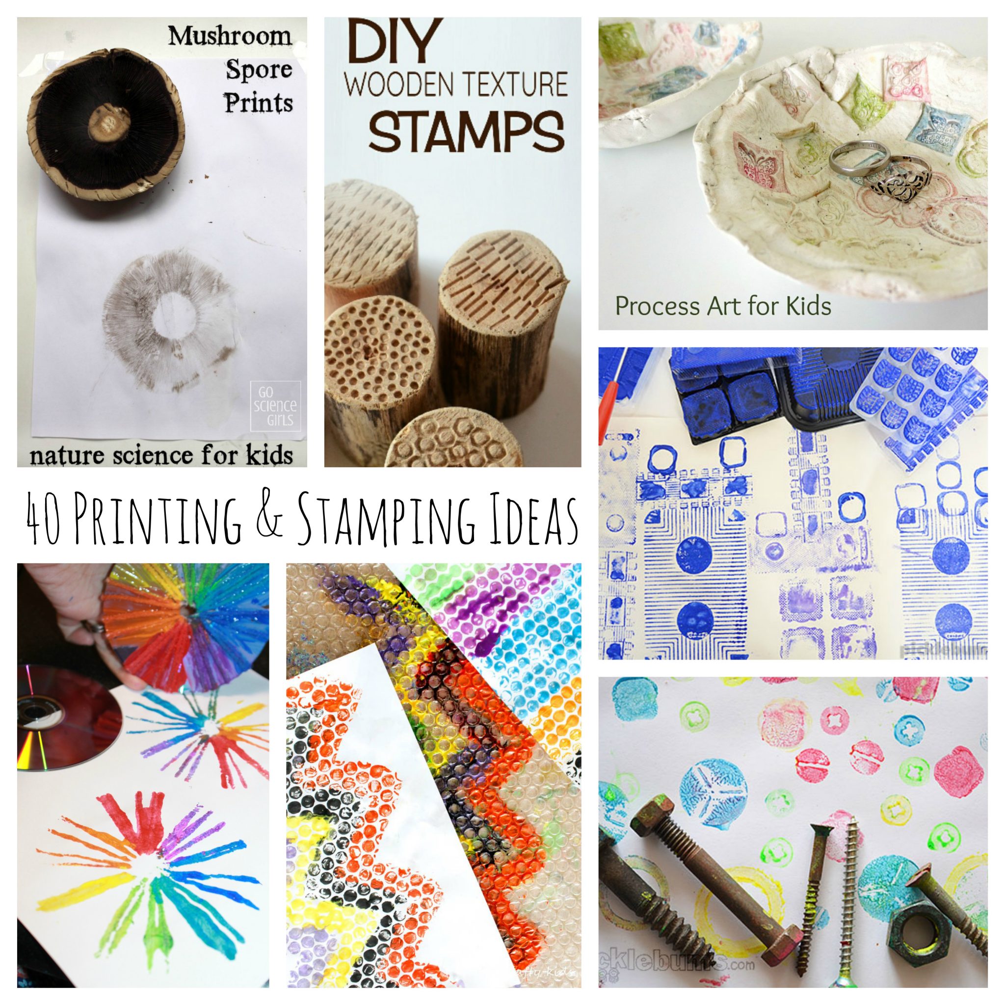 40 printmaking and stamping ideas for kids. Kids process art and painting. Nature, recyclables and other materials