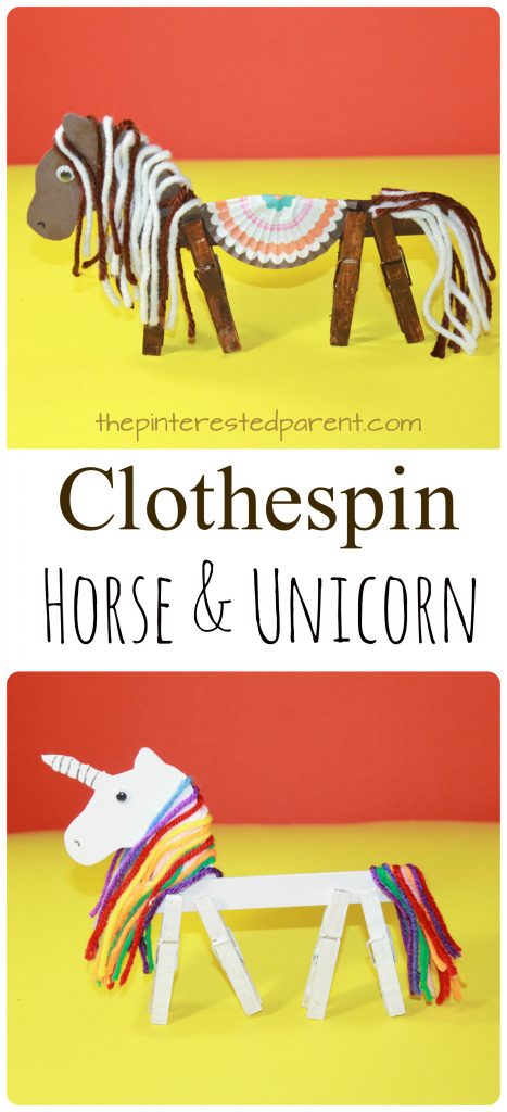 Clothespin horse and unicorn craft with printable head template. Kid's arts and crafts ideas.