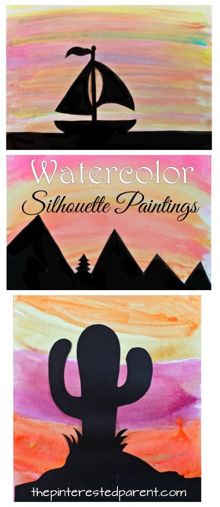 Watercolor silhouette landscape paintings for kids with free printable templates - cactus, mountains, sailboat sunset scenes. Kid's arts and crafts