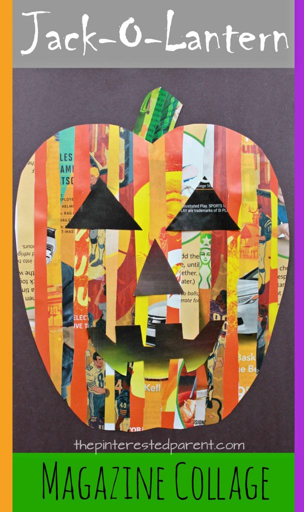 Jack-o-lantern magazine collage with two different printable pumpkin templates. Fall and Halloween arts and crafts for kids
