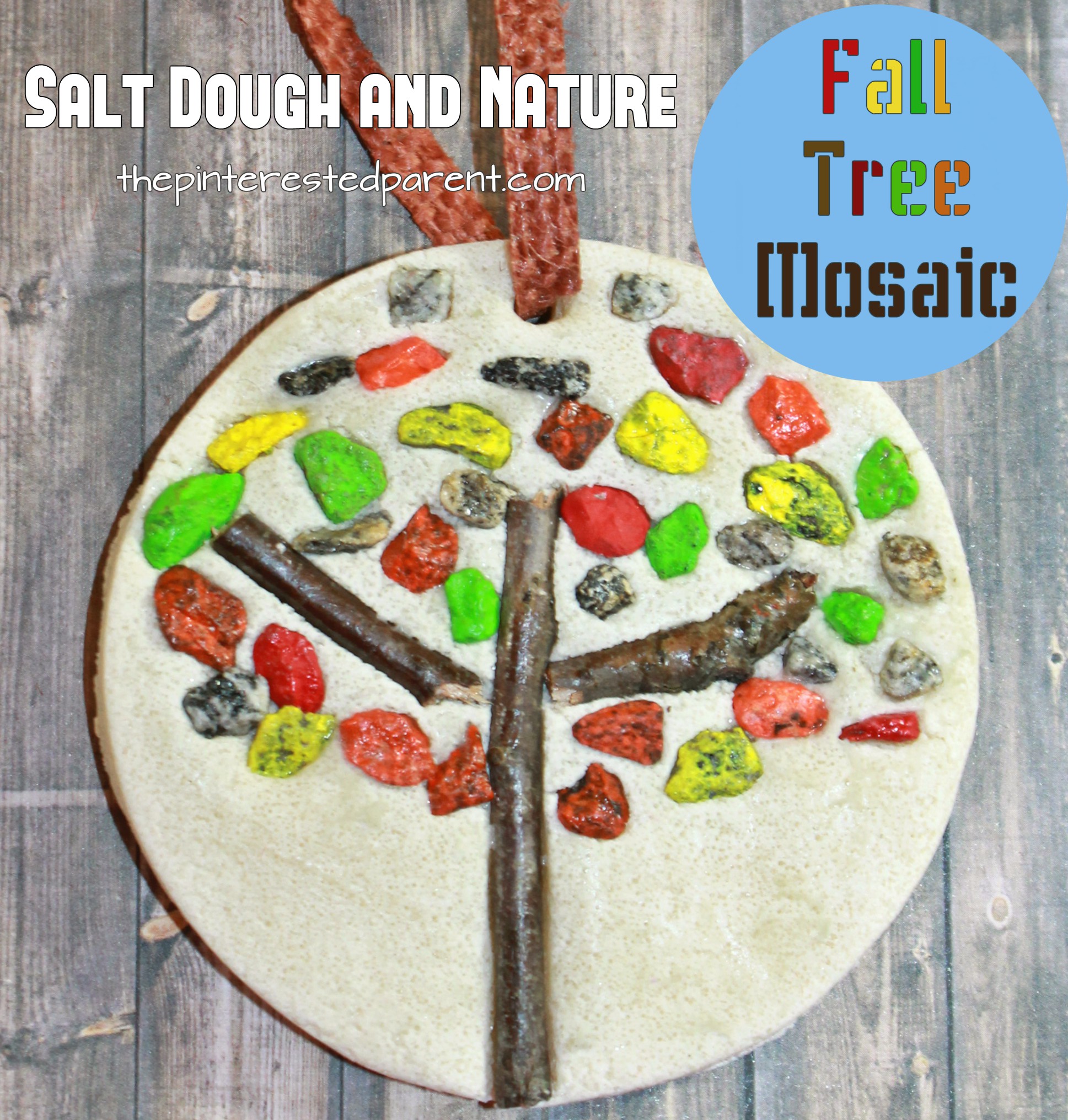Salt dough and nature fall tree mosaics - autumn arts and crafts for kids. Use pebbles, small rocks and sticks to make these pretty ornaments