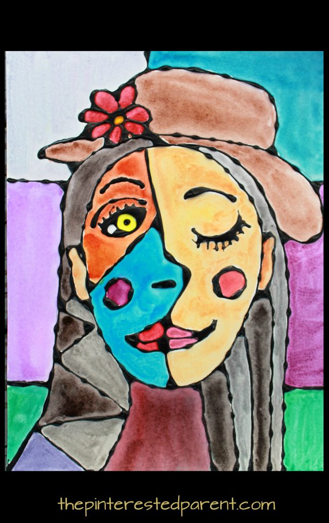 Black glue and watercolors Picasso inspired portraits - famous artists arts and crafts painting projects for kids