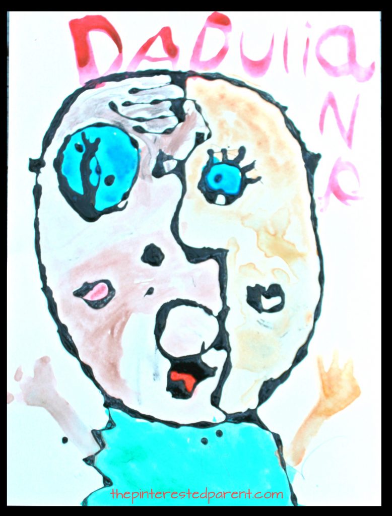 Black glue and watercolors Picasso inspired portraits - famous artists arts and crafts painting projects for kids