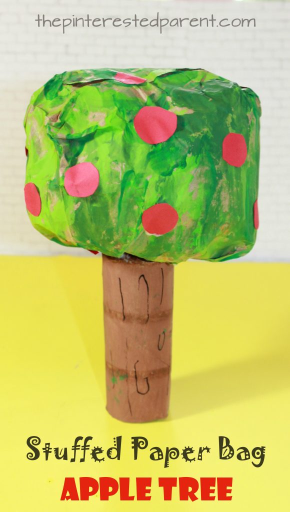 Brown paper bag crafts for the fall. These stuffed paper bag Indian corn, apple tree and scarecrow stuffed bag crafts for the kids are perfect for autumn