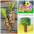 Brown paper bag crafts for the fall. These stuffed paper bag Indian corn, apple tree and scarecrow stuffed bag crafts for the kids are perfect for autumn