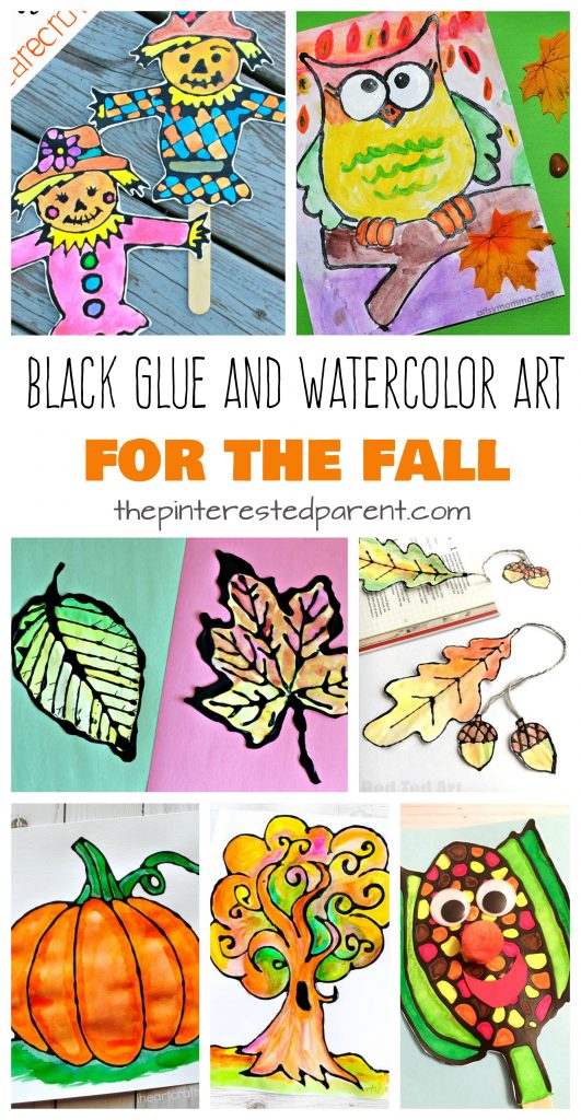 Beautiful black glue and watercolor art projects for the fall. Autumn arts and crafts for kids. Watercolor Black Glue Fall Art 