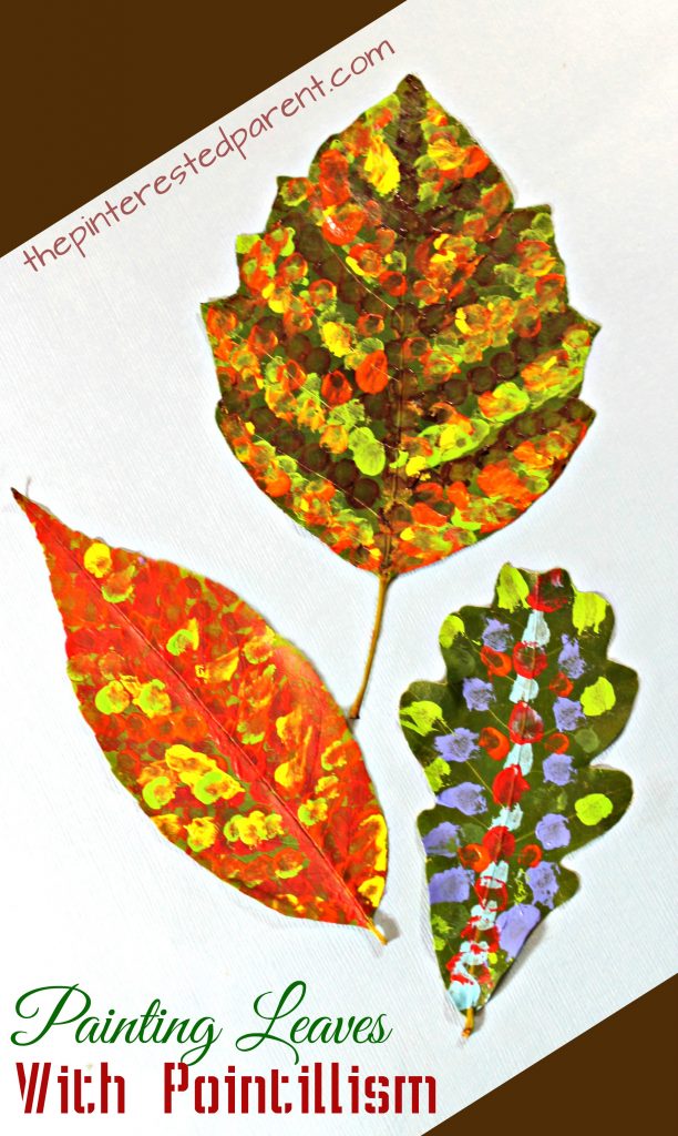 Pointillism fall leaf art inspired by Seurat. Impressionism and painting for kids