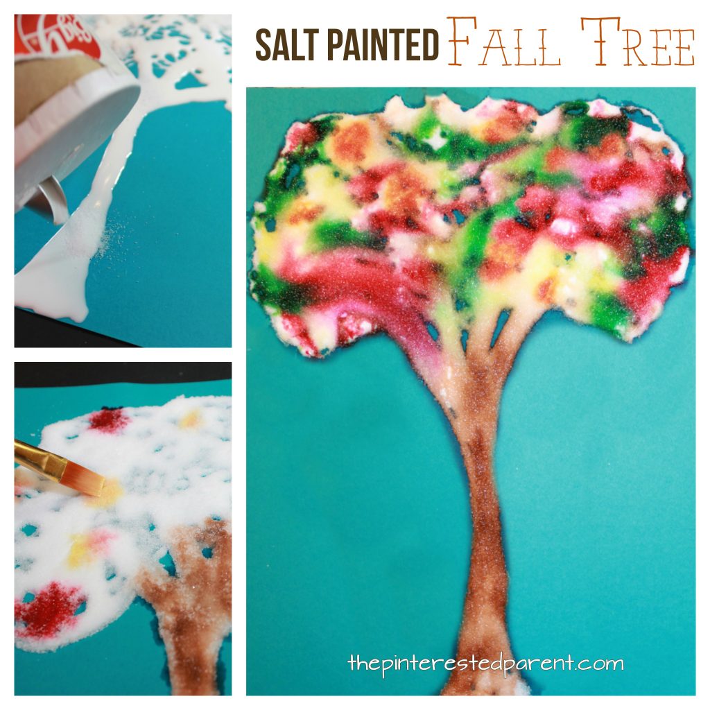 Salt painted fall tree. Salt and watercolor paintings. This is a cool process that the kids will love. Arts and crafts for kids