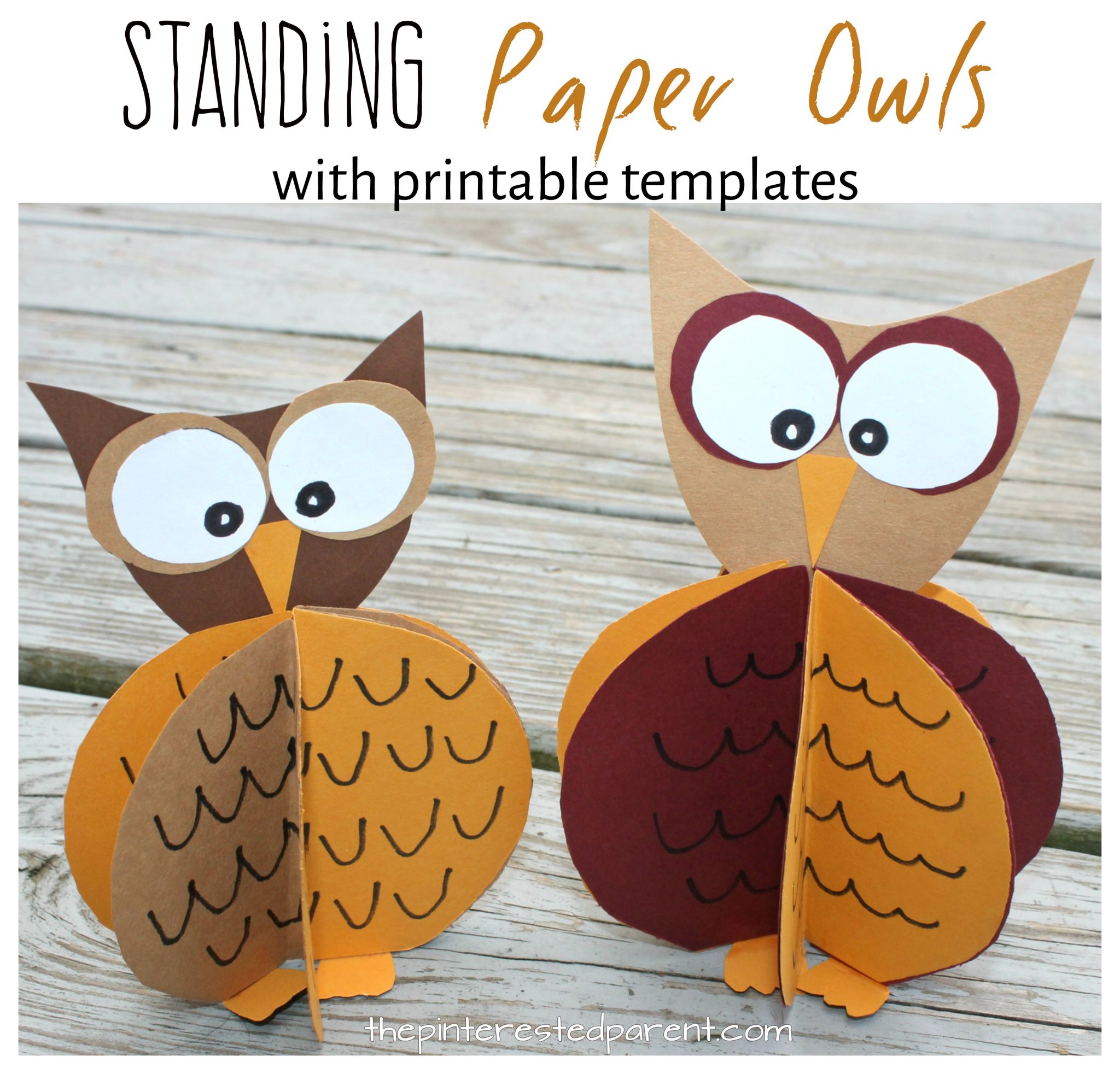 Construction paper standing owl craft with free printable template. Fall arts and crafts for kids