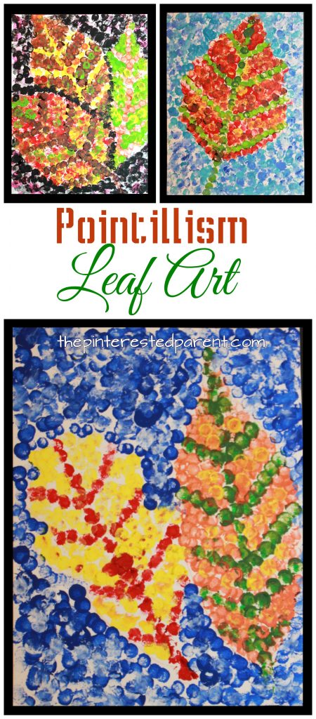 Pointillism fall leaf art inspired by Seurat. Impressionism and painting for kids