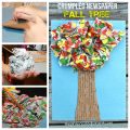 Crumpled newspaper fall tree craft for kids. Autumn arts and crafts. Mixed media, recyclables and painting