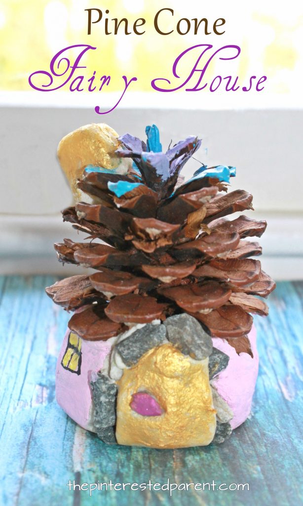 Pine cone and salt dough fairy houses. Magical nature arts and crafts for kids